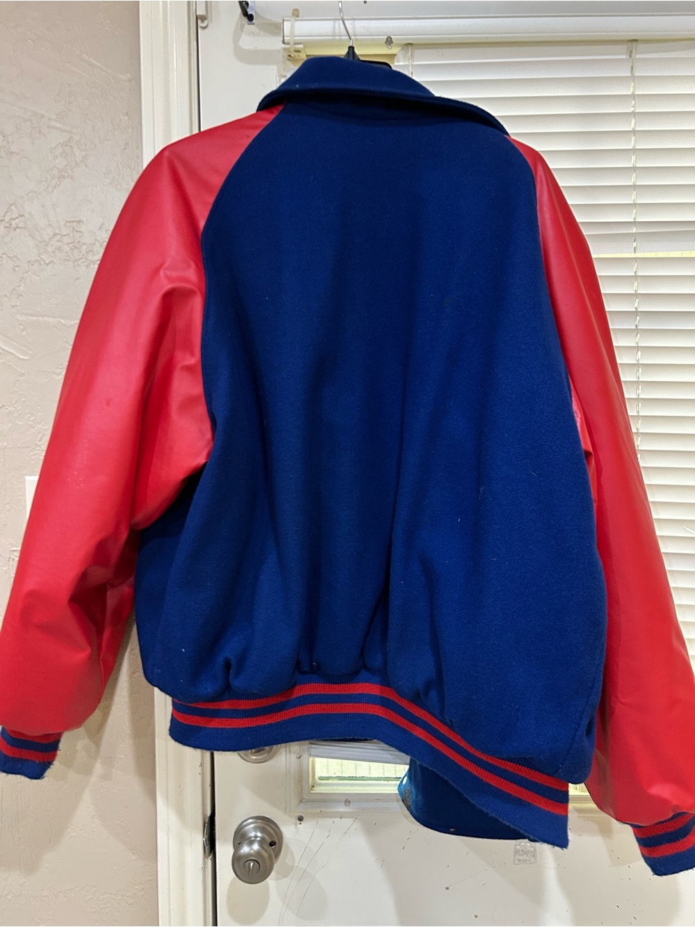 Men's Blue & Red Varsity Letterman Jacket with H Patch - Picture 6 of 8